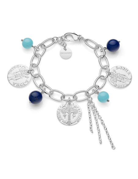 Bracciale con monete e perle blu e turchese