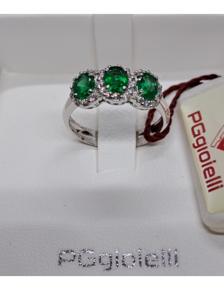Anello donna oro bianco 750 trilogy , smeraldi e diamanti