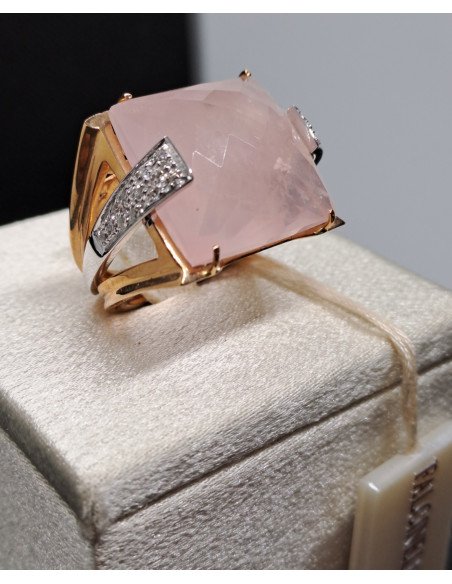 Anello donna oro rosa 750 con quarzo rosa e diamanti