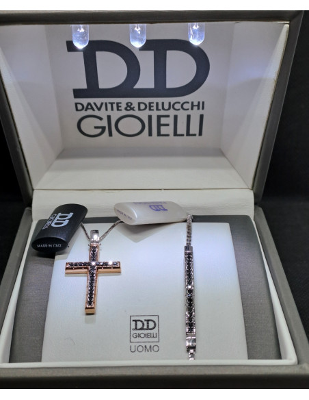 Croce uomo in oro bianco e rosa 750 con diamanti neri e bracciale oro bianco 750 con diamanti neri