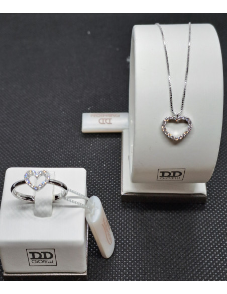 Catenina donna con cuore in oro bianco 750 e diamanti,  e anello oro bianco con cuore in oro b. , e diamanti