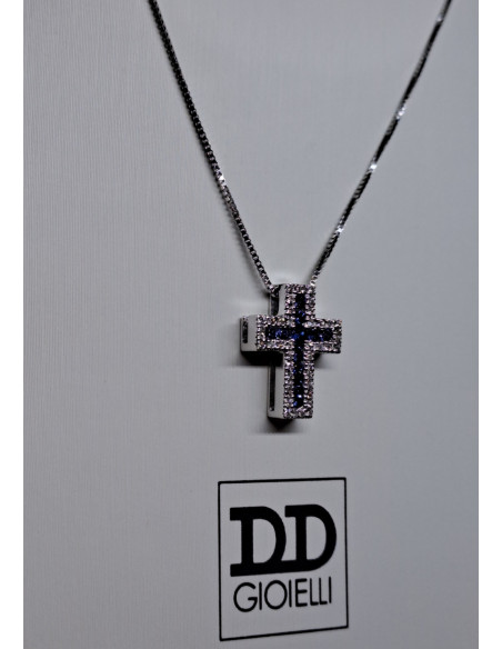 Caterina donna in oro bianco 750 e croce con diamanti e zaffiri con