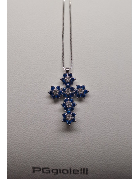 Catenina donna in oro bianco 750 con croce , zaffiri e diamanti