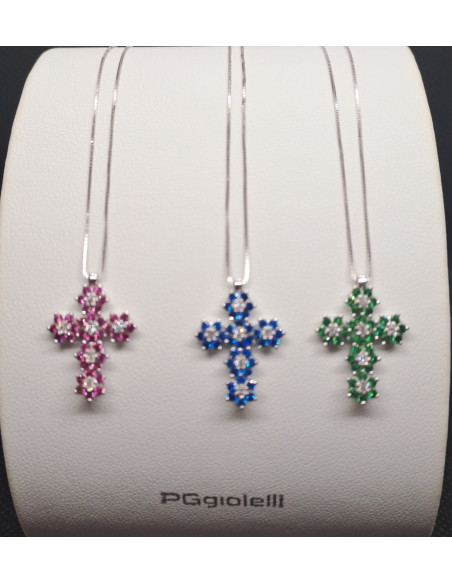 Catenina donna in oro bianco 750 con croce , zaffiri e diamanti