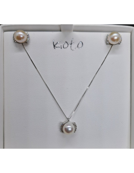 Completo donna collana in oro bianco 750 con perla e diamanti e orecchini abbinati