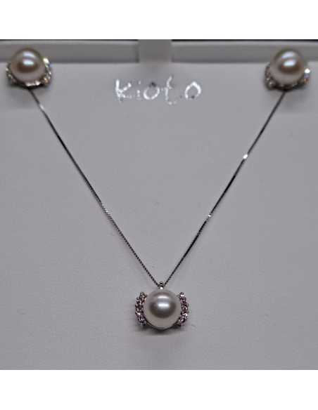 Completo donna collana in oro bianco 750 con perla e diamanti e orecchini abbinati